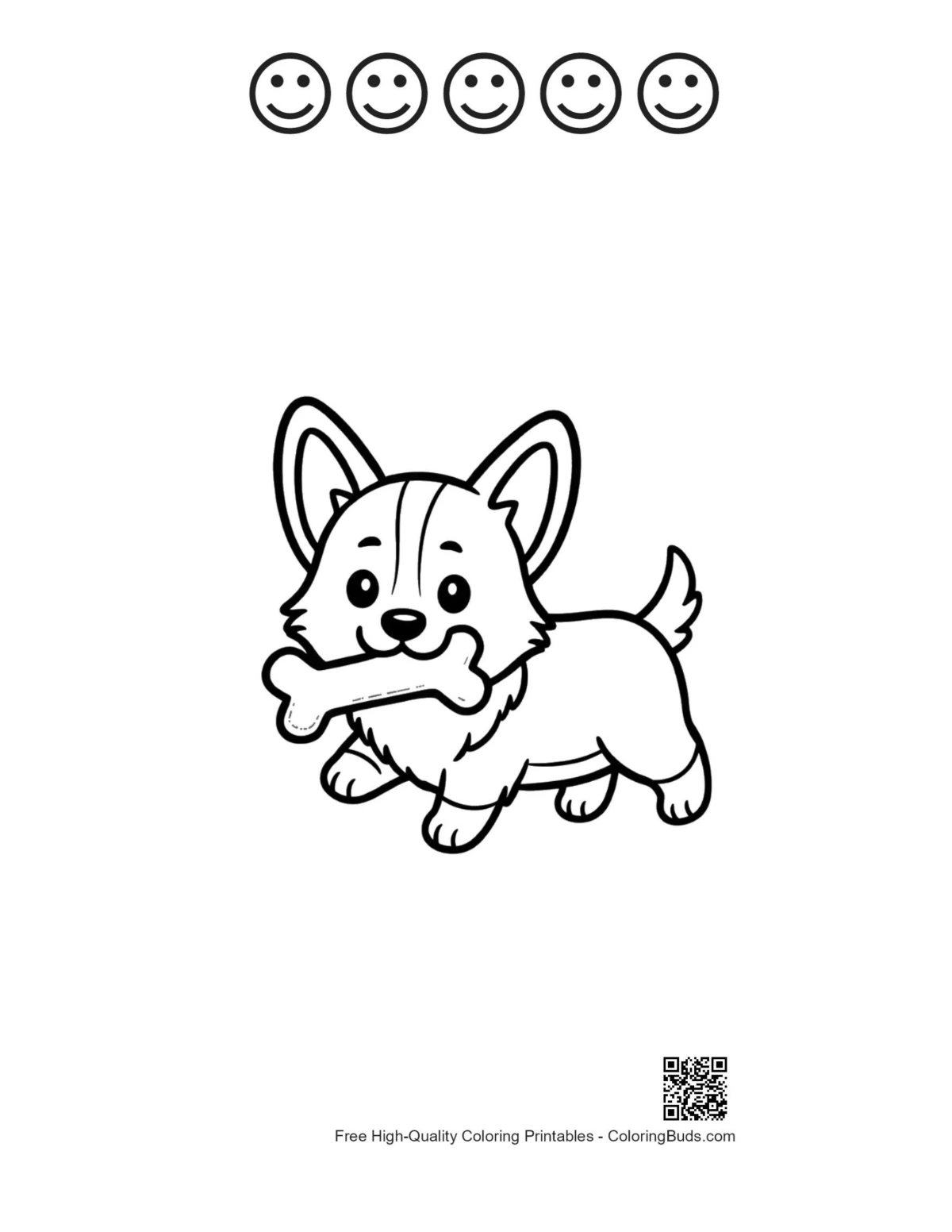 Corgi puppy bone with 5 happy faces outline printable