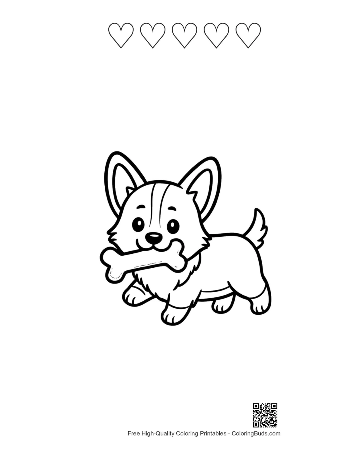 Corgi puppy bone printable with 5 heart outlines