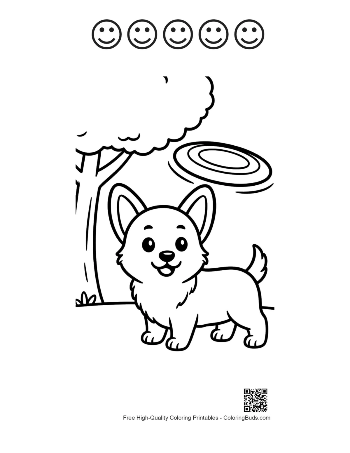 Corgi puppy park frisbee with happy faces outline printable