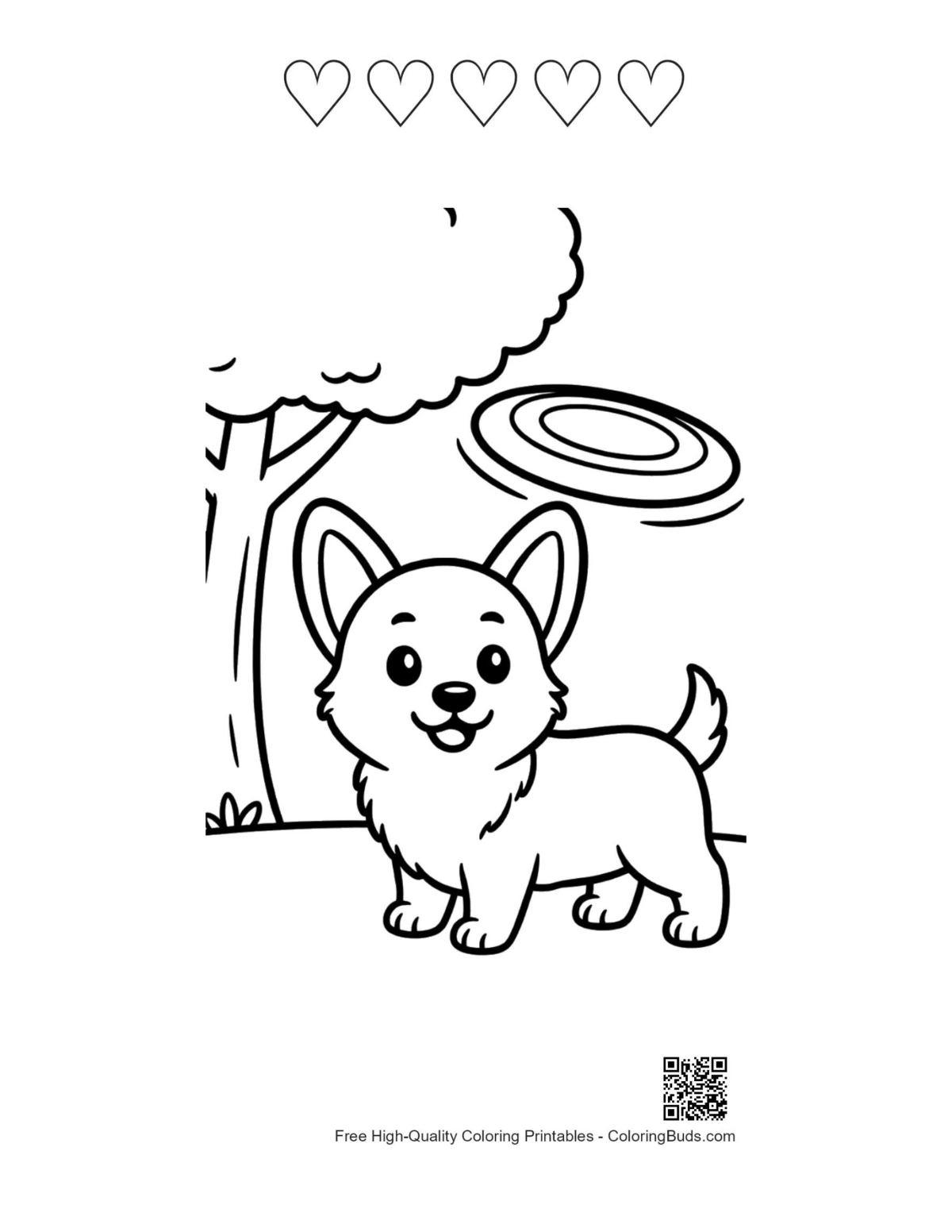 Corgi puppy frisbee printable with heart outlines Corgi coloring