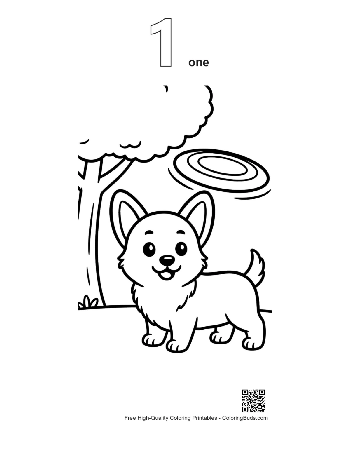 Corgi puppy frisbee park outline number one printable
