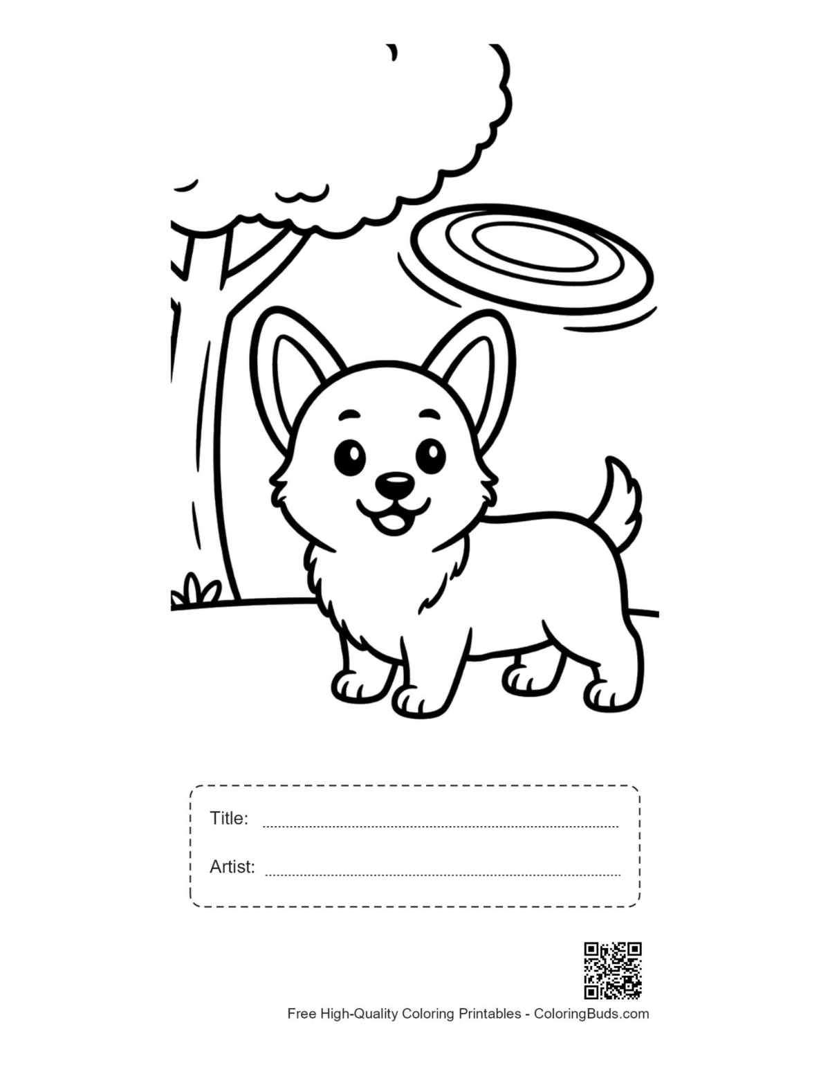 Corgi puppy frisbee printable with title and artist box