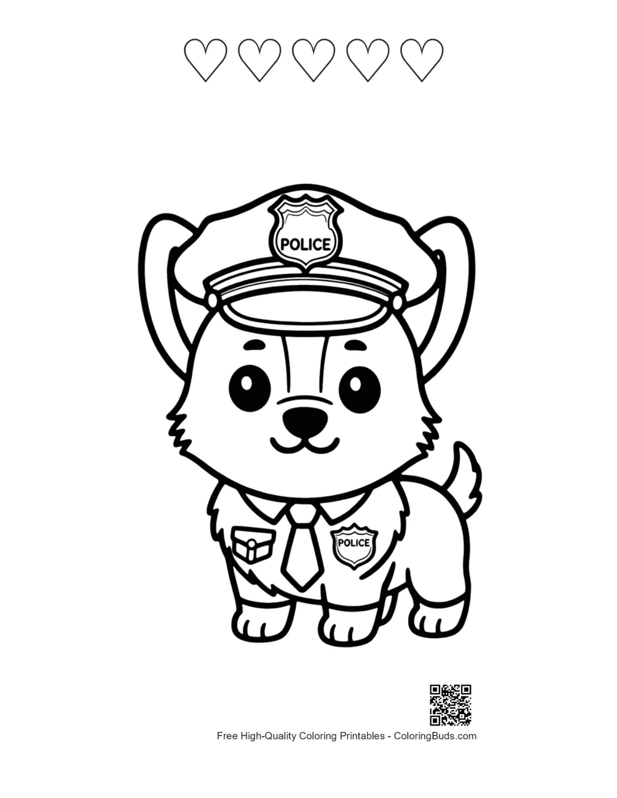 Corgi printable with 5 heart outlines