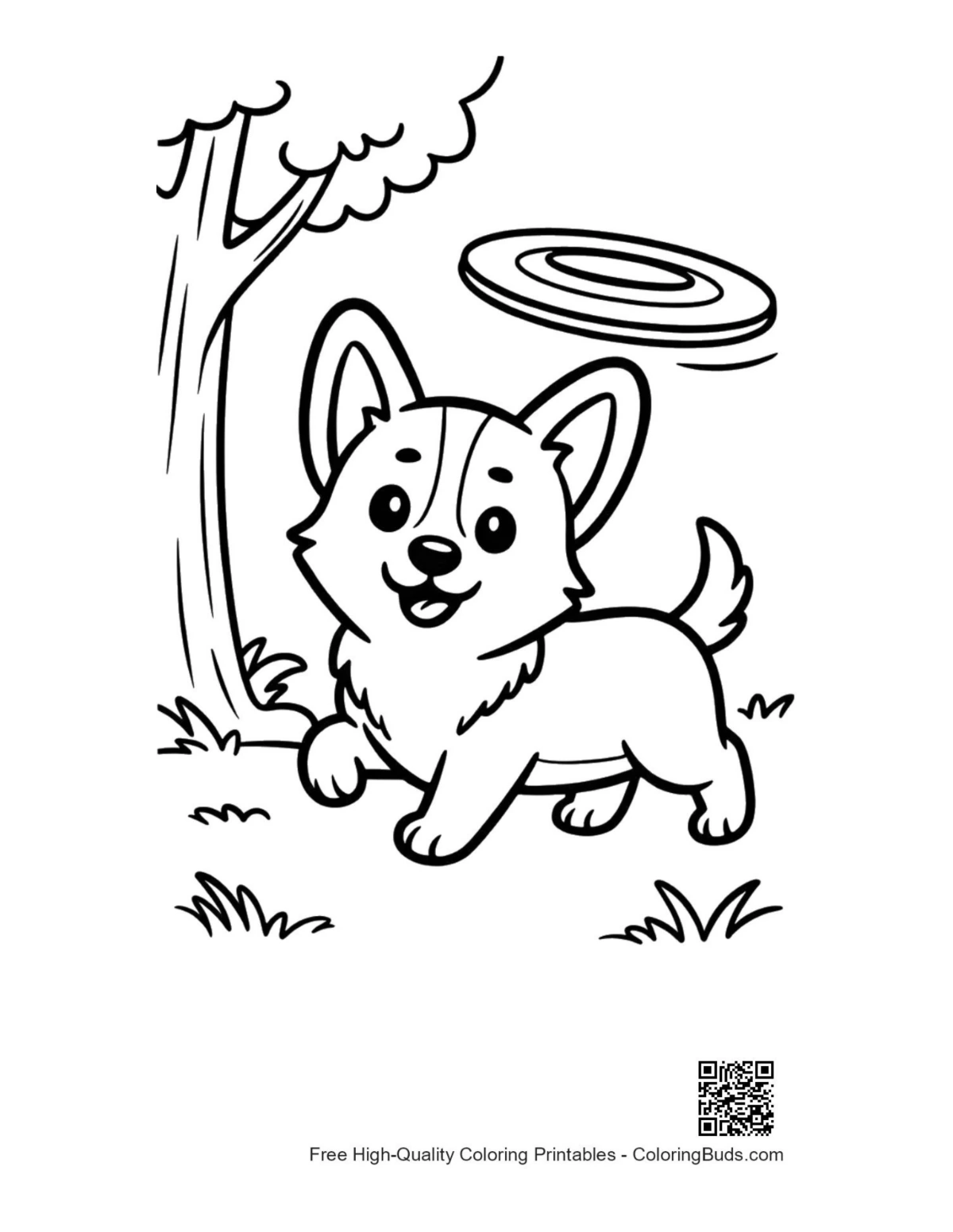 Śmieszny corgi goniący spodek strona do kolorowania