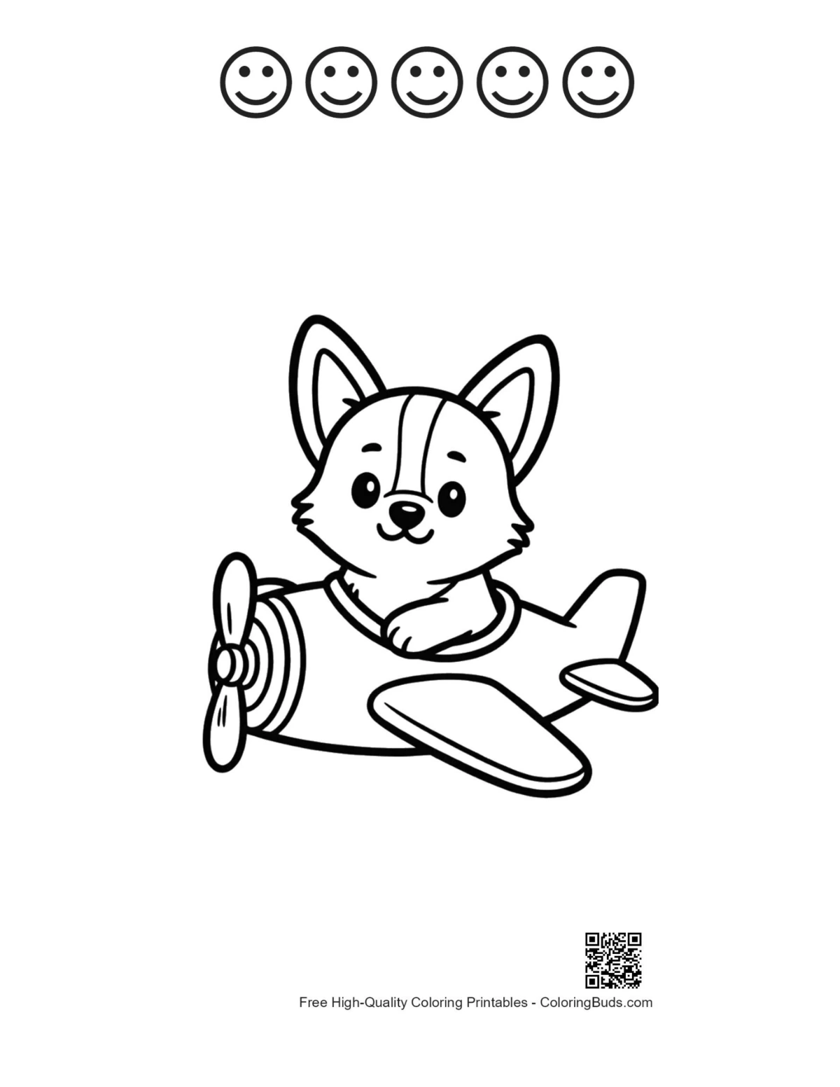 Corgi puppy plane with 5 happy faces outline