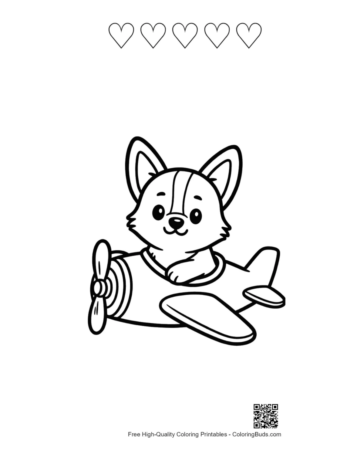Corgi flying plane with 5 hearts outline printable
