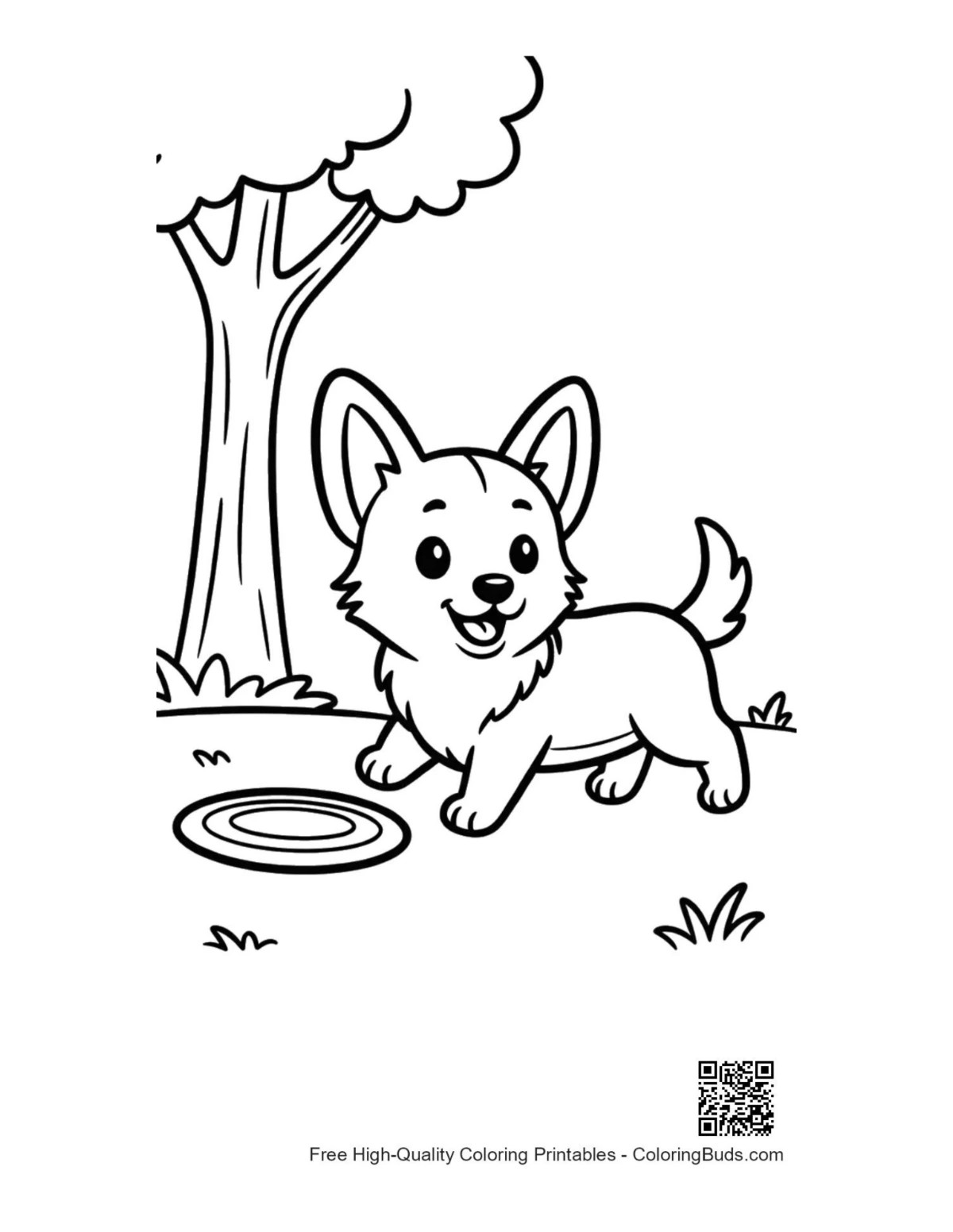 Glad corgi hund leker frisbee ute fargelegging