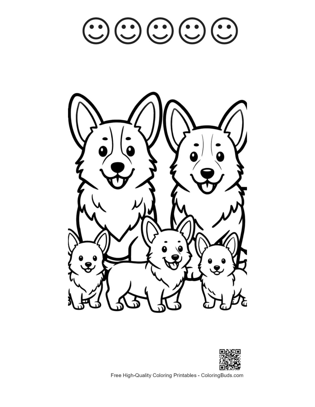 Printable corgi portrait with 5 happy faces