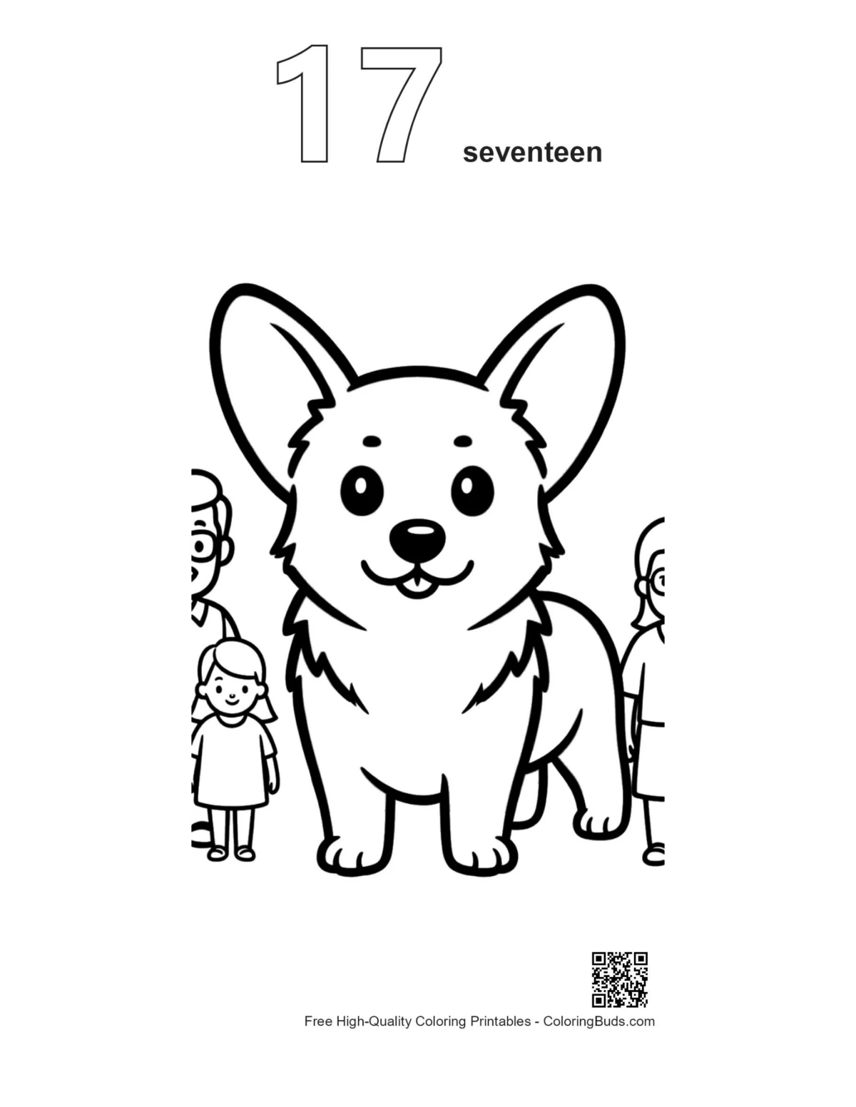 Number 17 corgi family outline printable