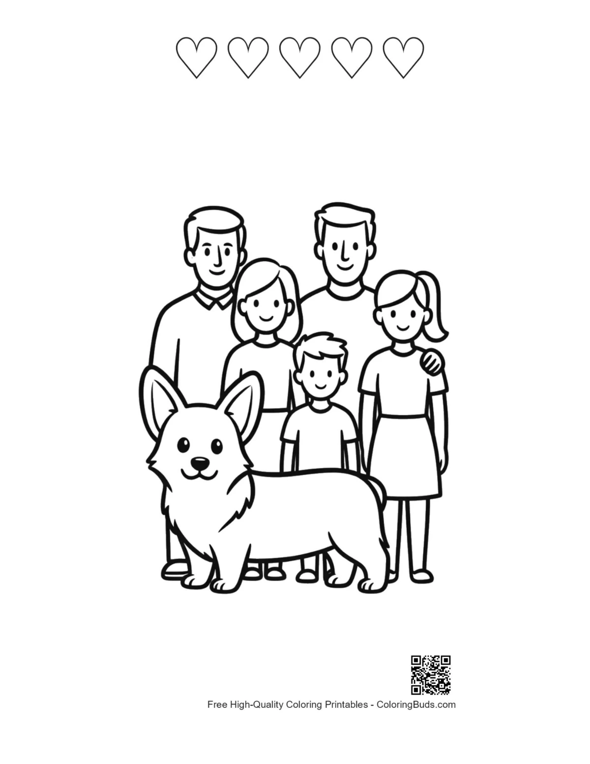 Family and Corgi hearts outline printable