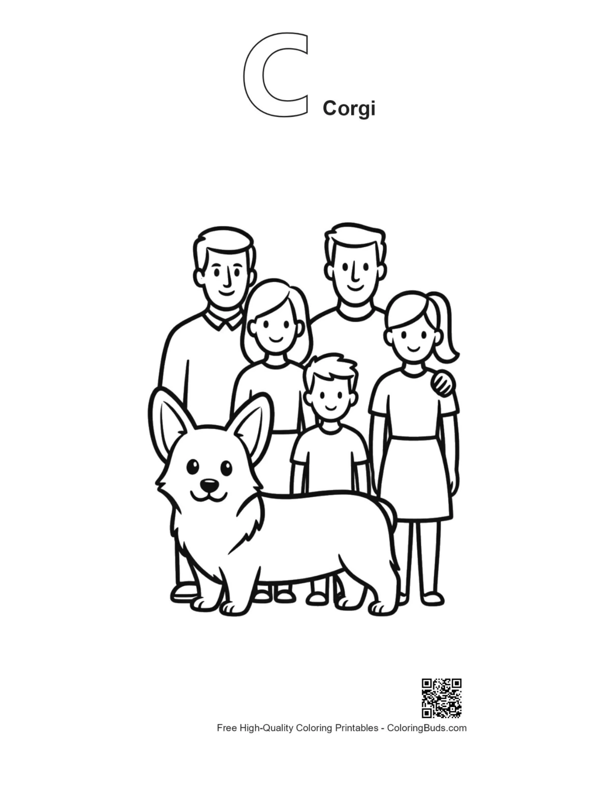 Corgi family outline with alphabet C printable