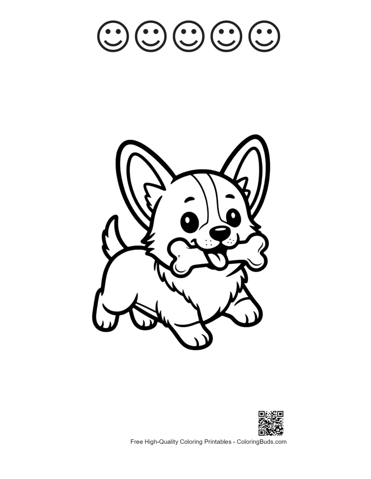 Corgi puppy printable with 5 happy faces outline