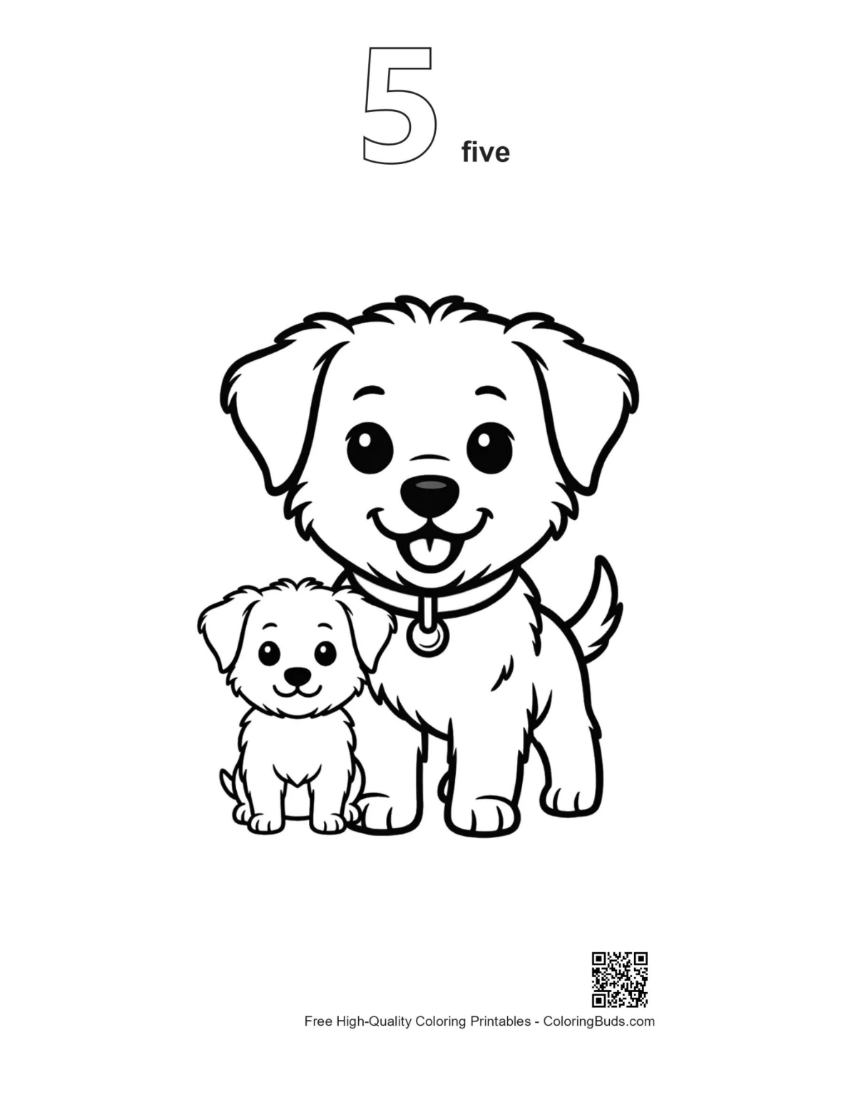 Pup duo printable with number 5 outline