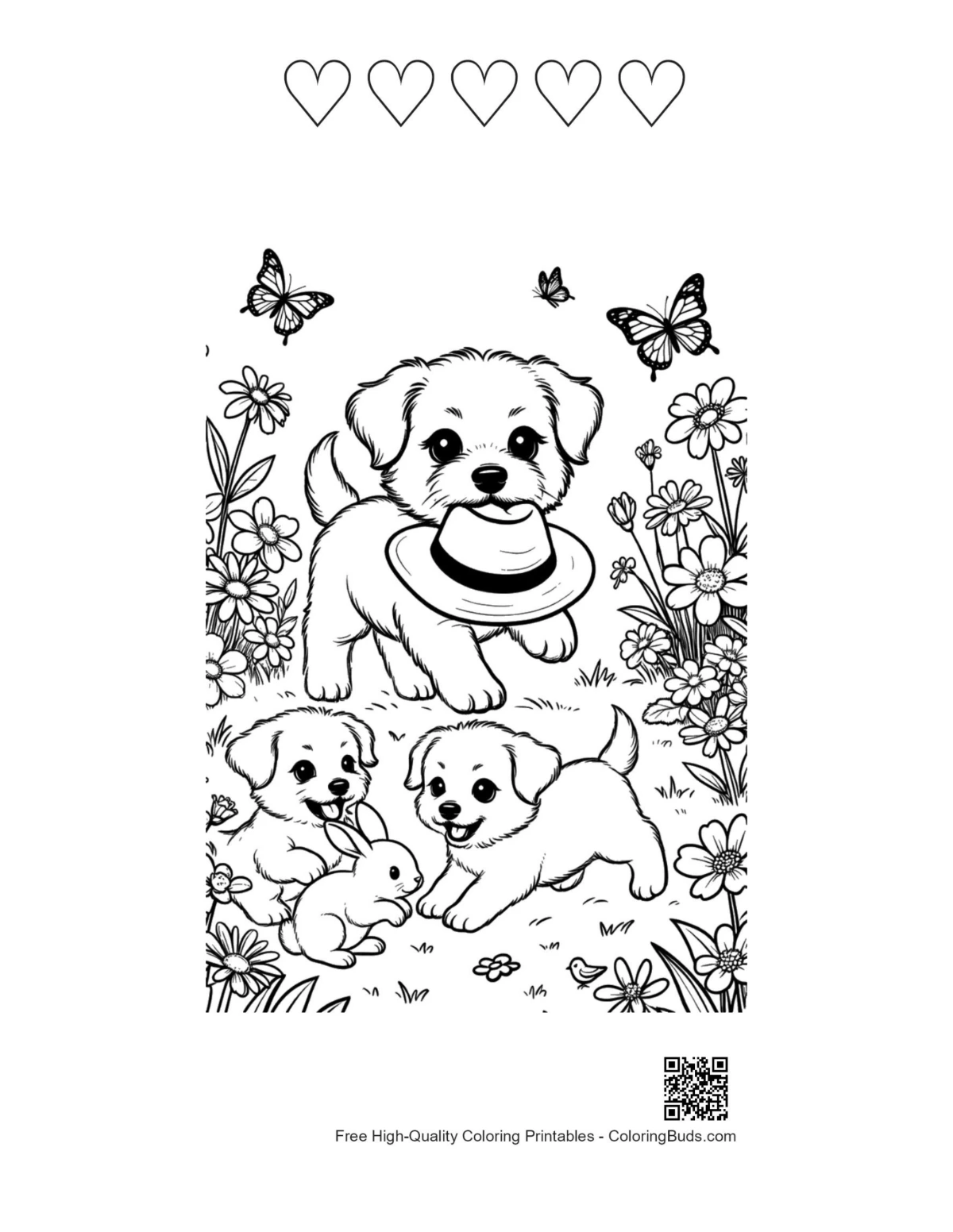Dog family yard scene with 5 hearts printable