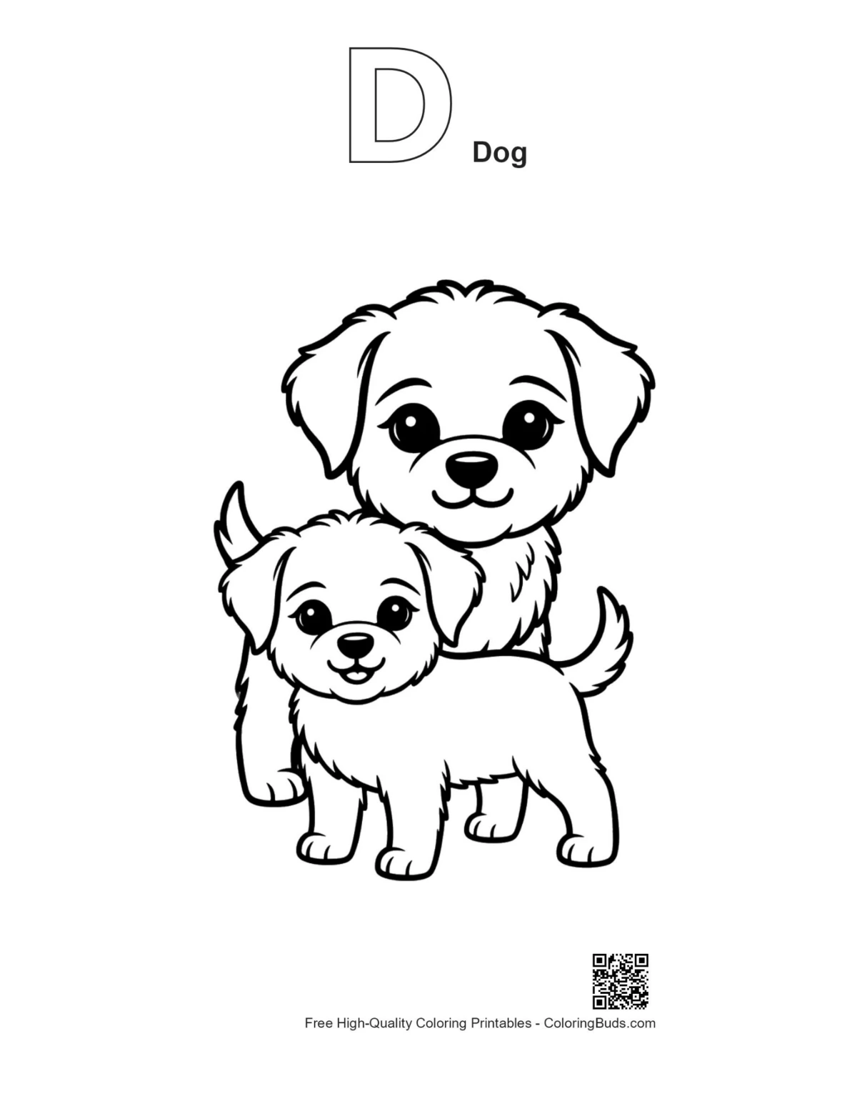 Outline coloring page of mother dog puppy with D