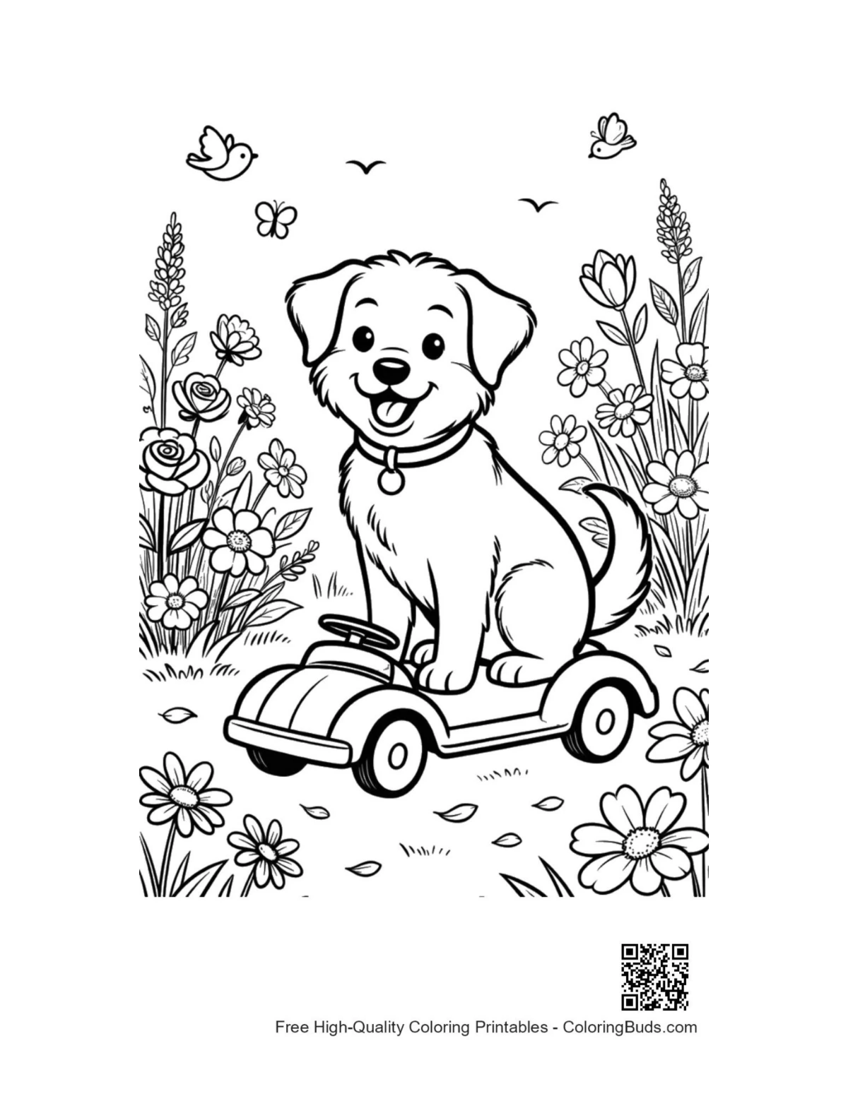 Adorable puppy driving toy car garden coloring page
