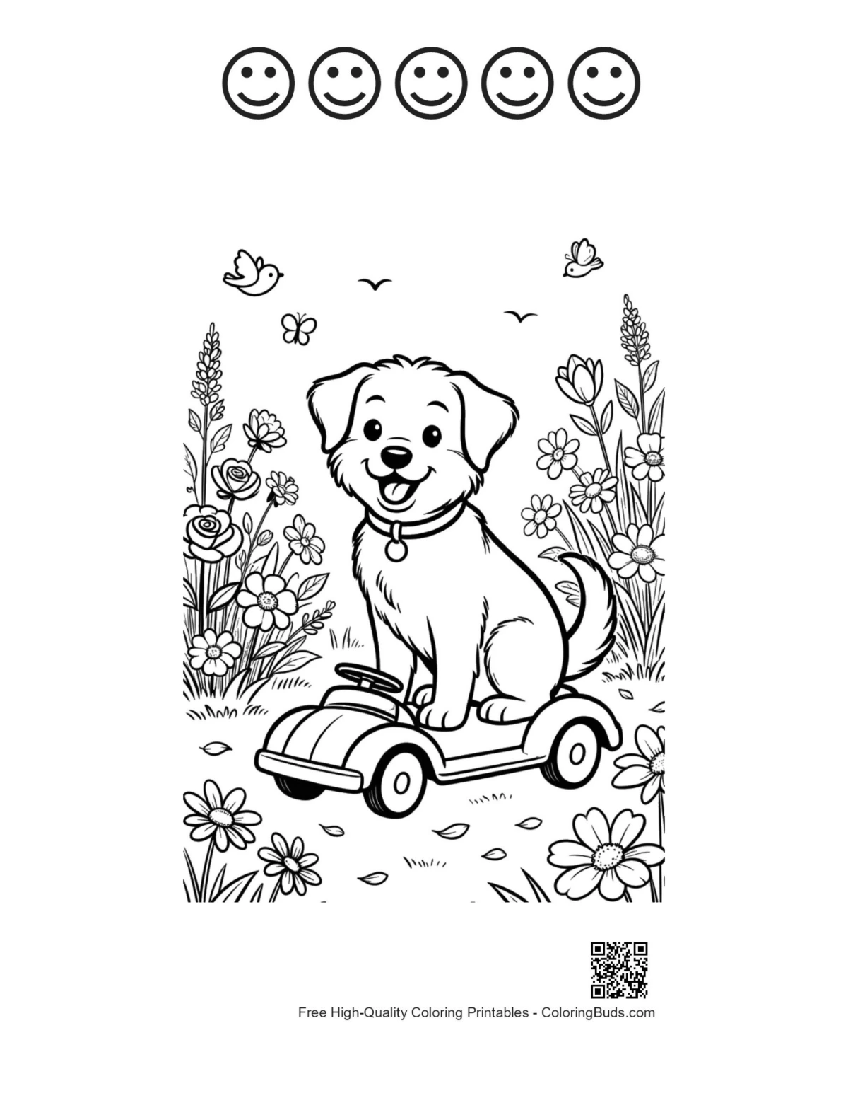 Puppy driving car garden 5 happy faces outline page
