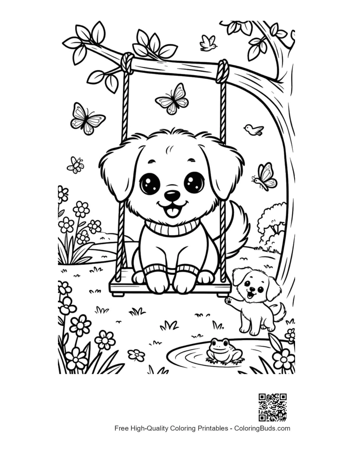 Cute baby dog swinging park printable coloring page