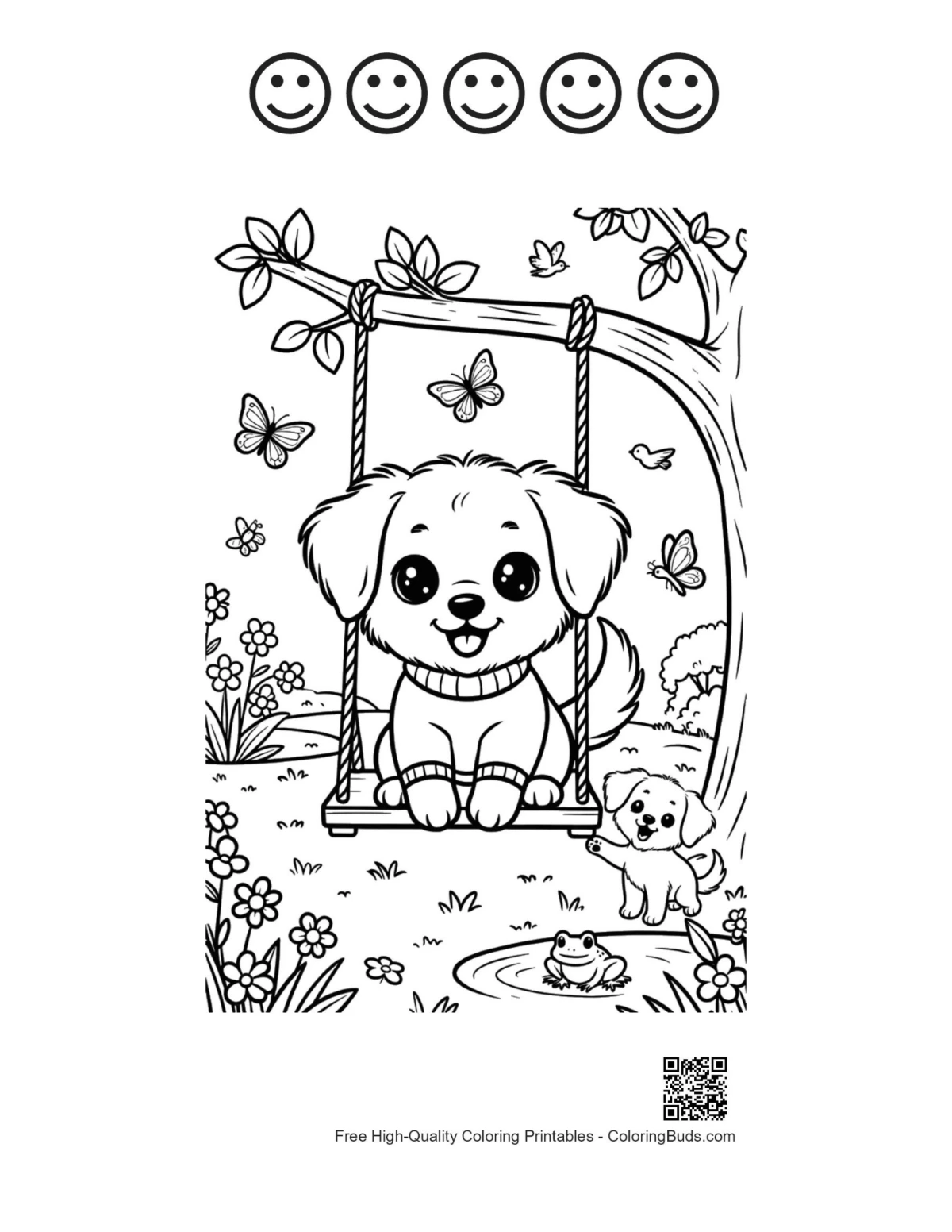 Cute dog swinging with 5 happy faces park printable