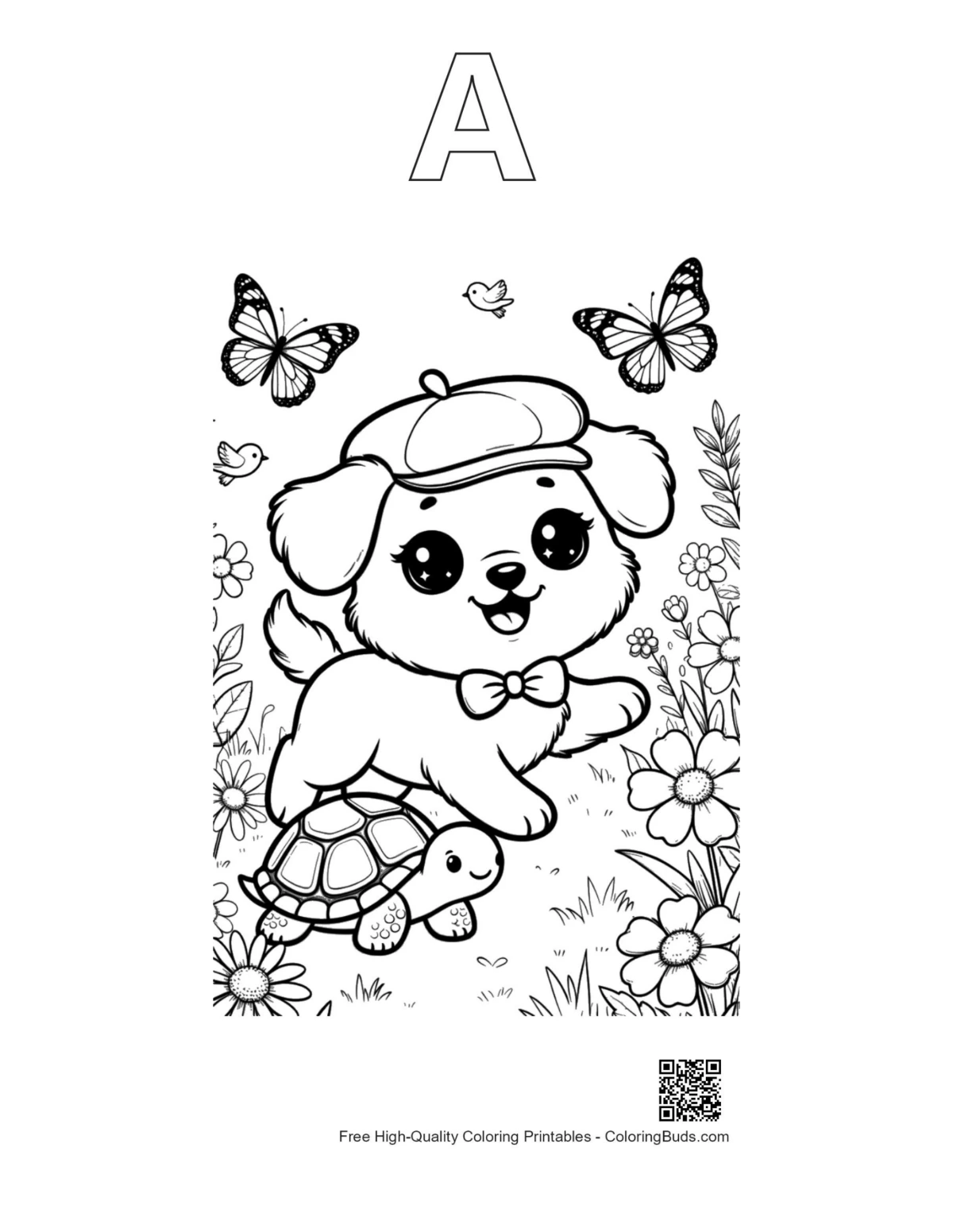 Cute dogs alphabet A outline coloring page