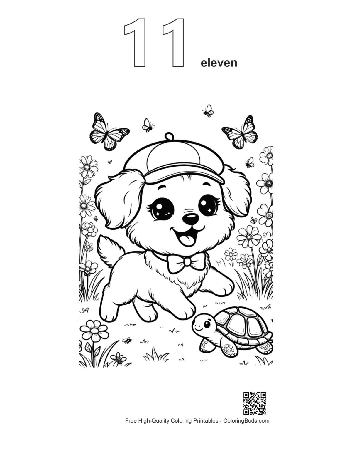 Cute dog cap turtle outline number 11 printable