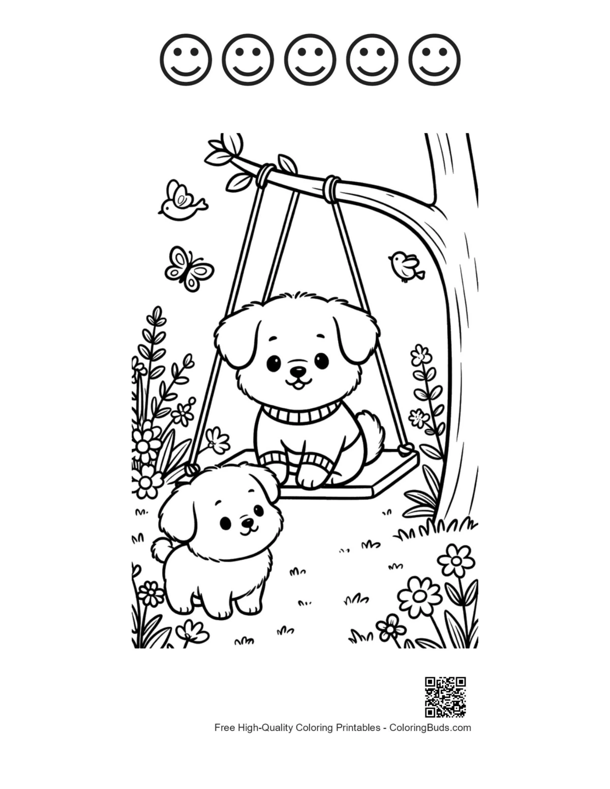 Cute dogs page with 5 happy faces printable