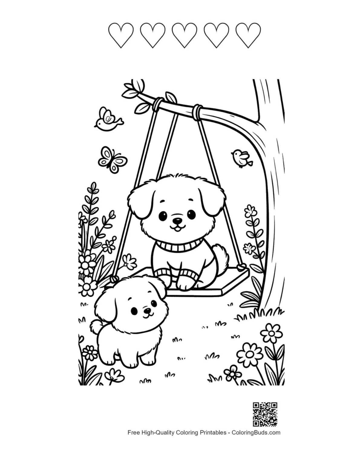 Cute dogs printable with 5 heart outlines