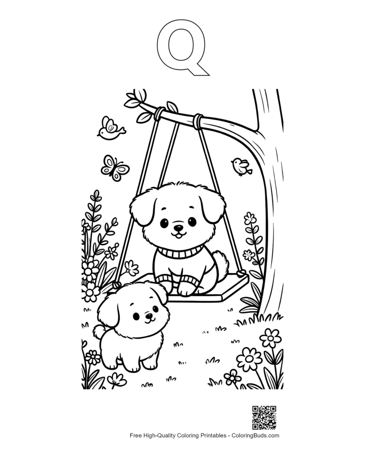 Cute dogs alphabet Q coloring outline printable