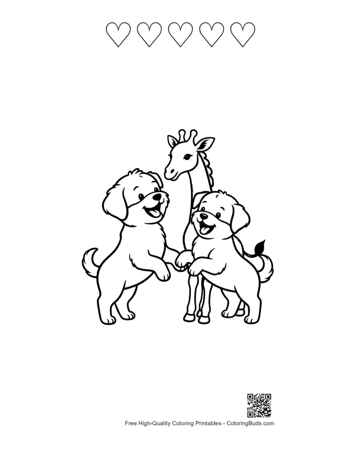 Puppies hugging giraffe with hearts outline printable
