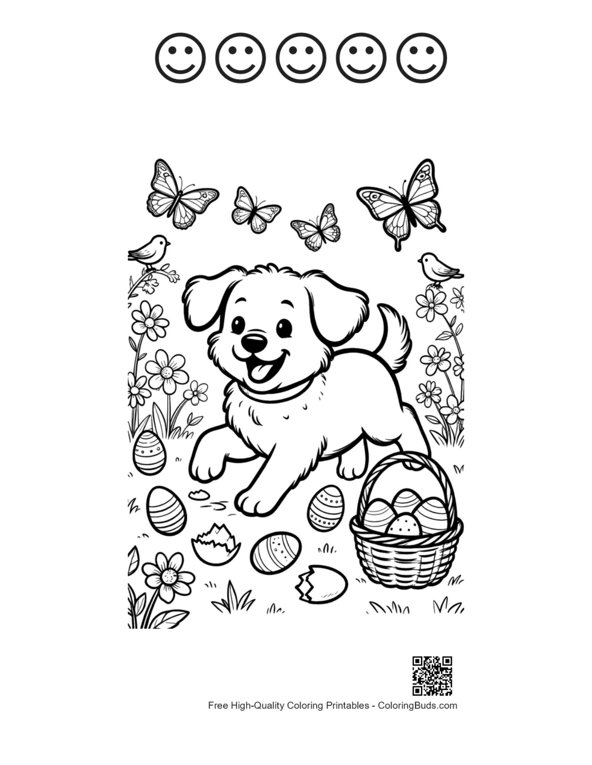 Cute puppy butterflies printable 5 happy faces outline