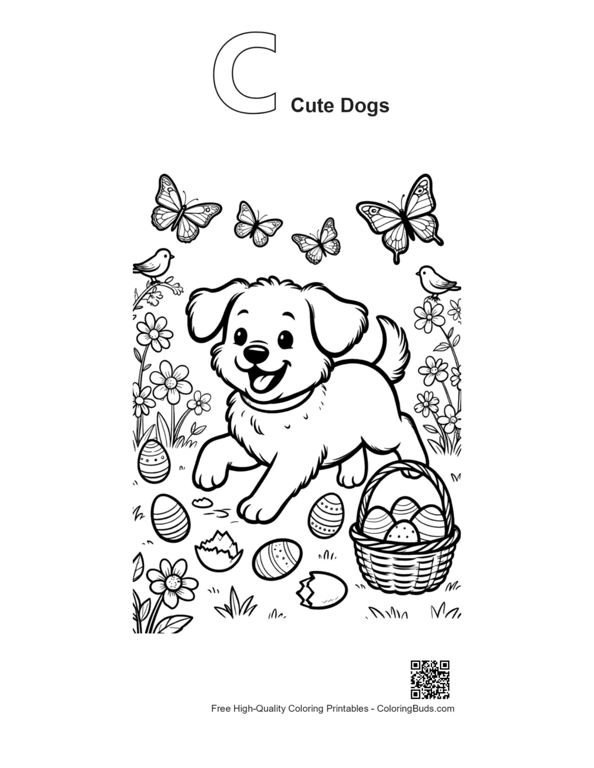 Cute dogs puppy butterflies outline with alphabet C printable