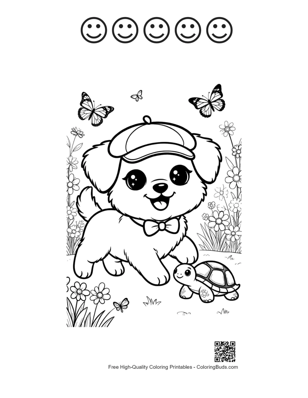 Cute dogs page with 5 happy faces outline