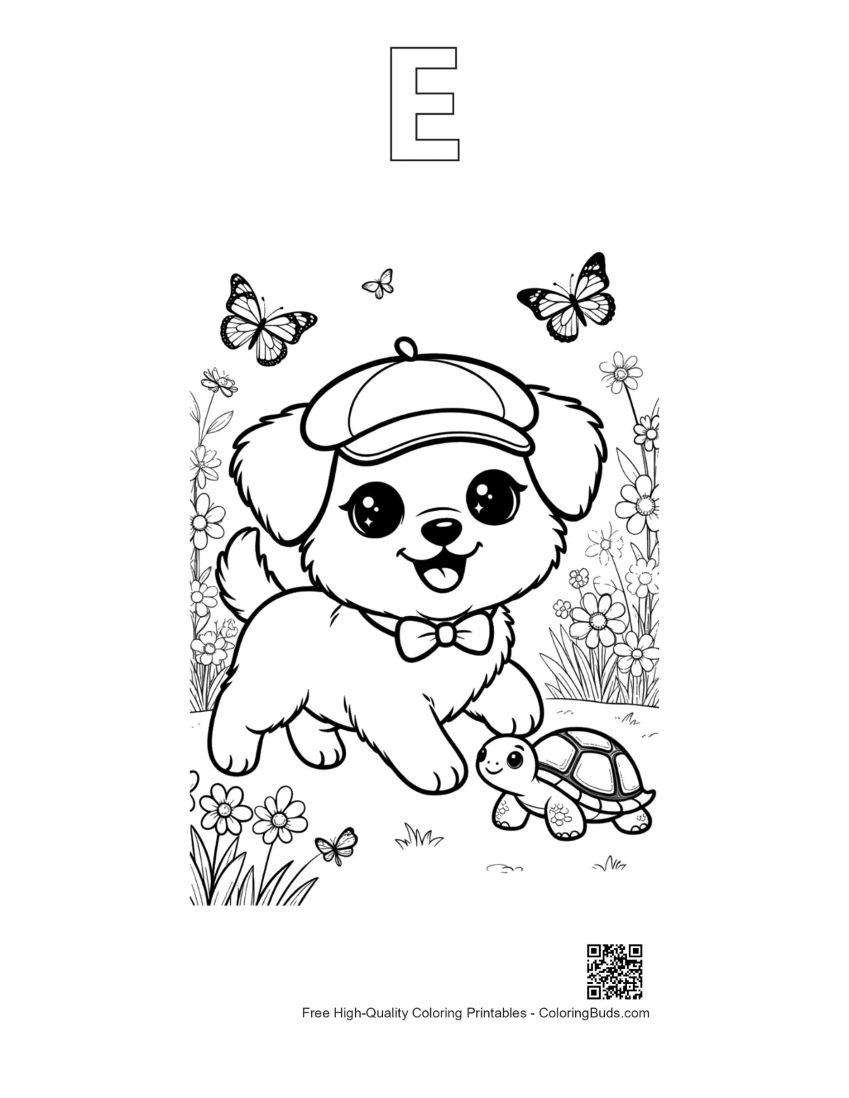 Cute dogs coloring page alphabet E outline