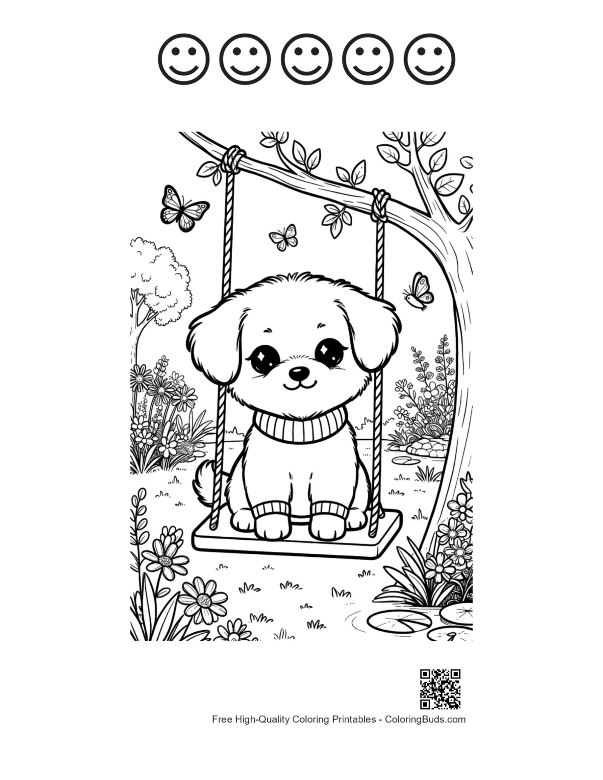Cute dogs and 5 happy faces outline printable