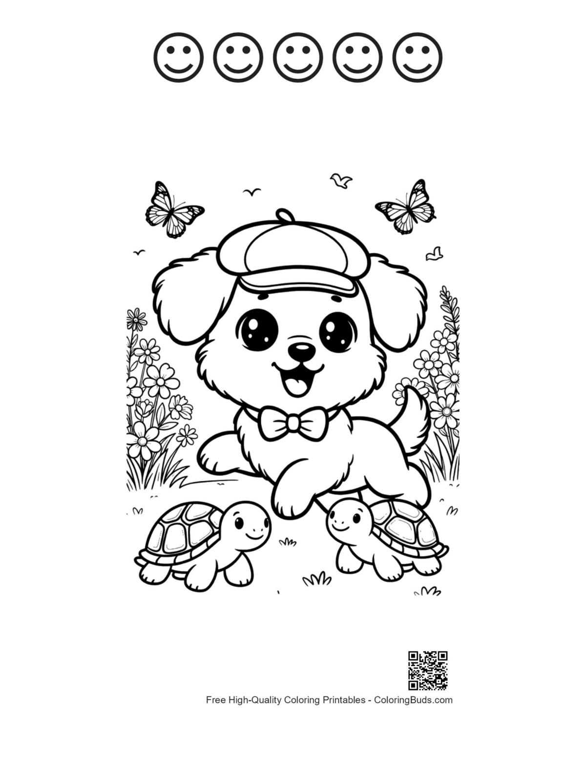 Cute dogs with 5 happy faces outline printable