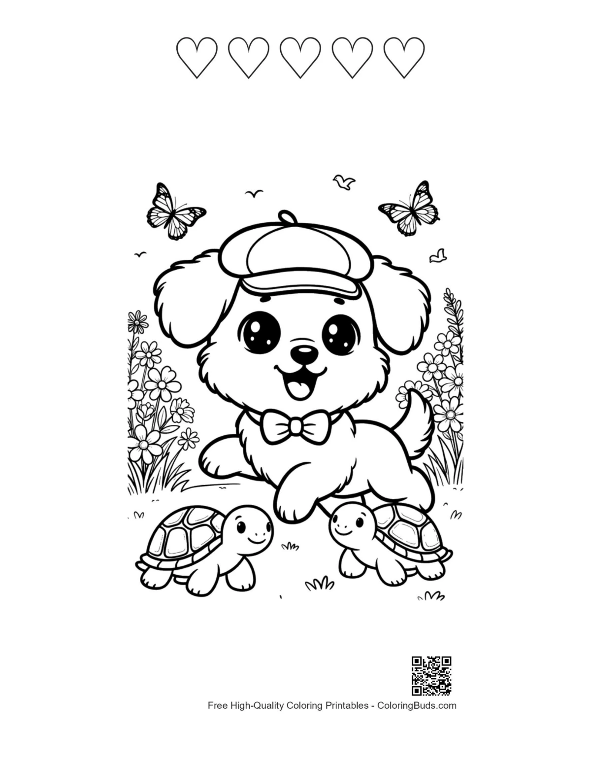 Cute dogs with 5 hearts outline coloring sheet