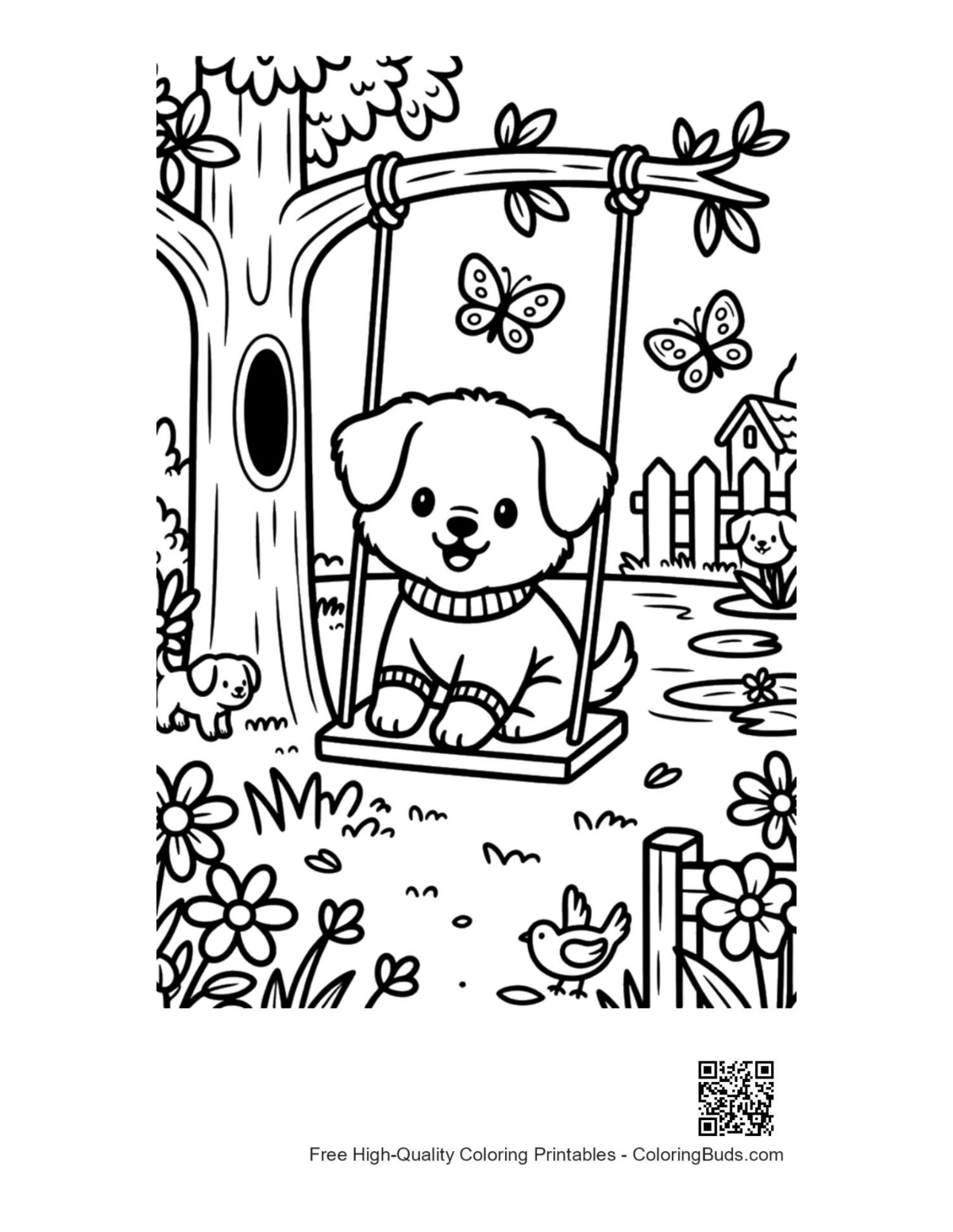 Happy dog on swing under tree coloring printable