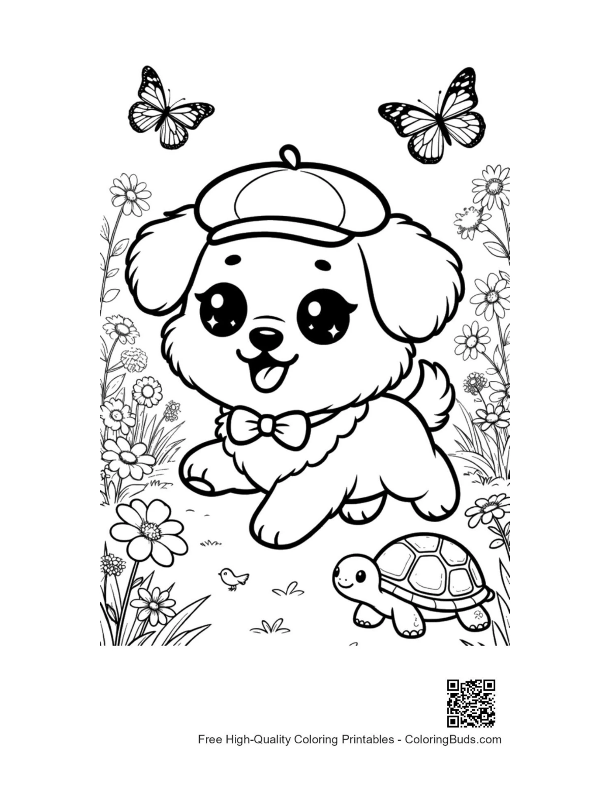Happy puppy hat flowery meadow coloring printable