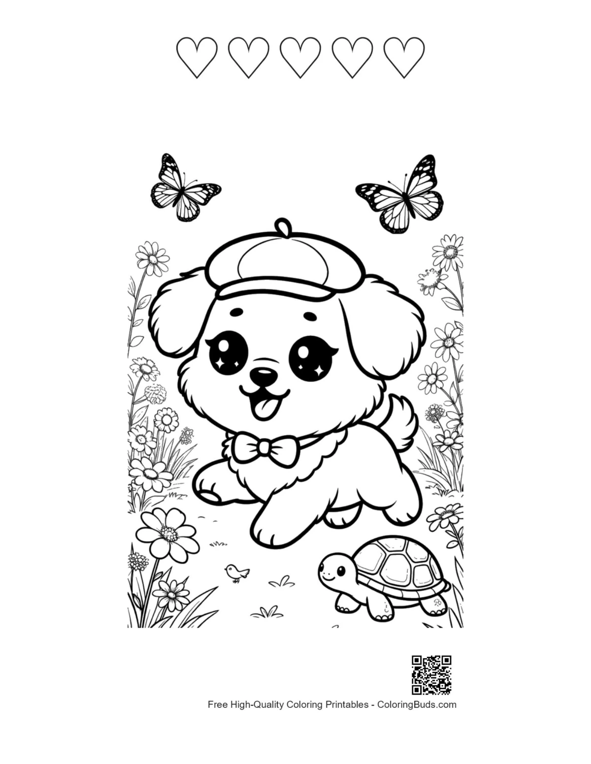 Happy puppy hat meadow with 5 hearts outline printable
