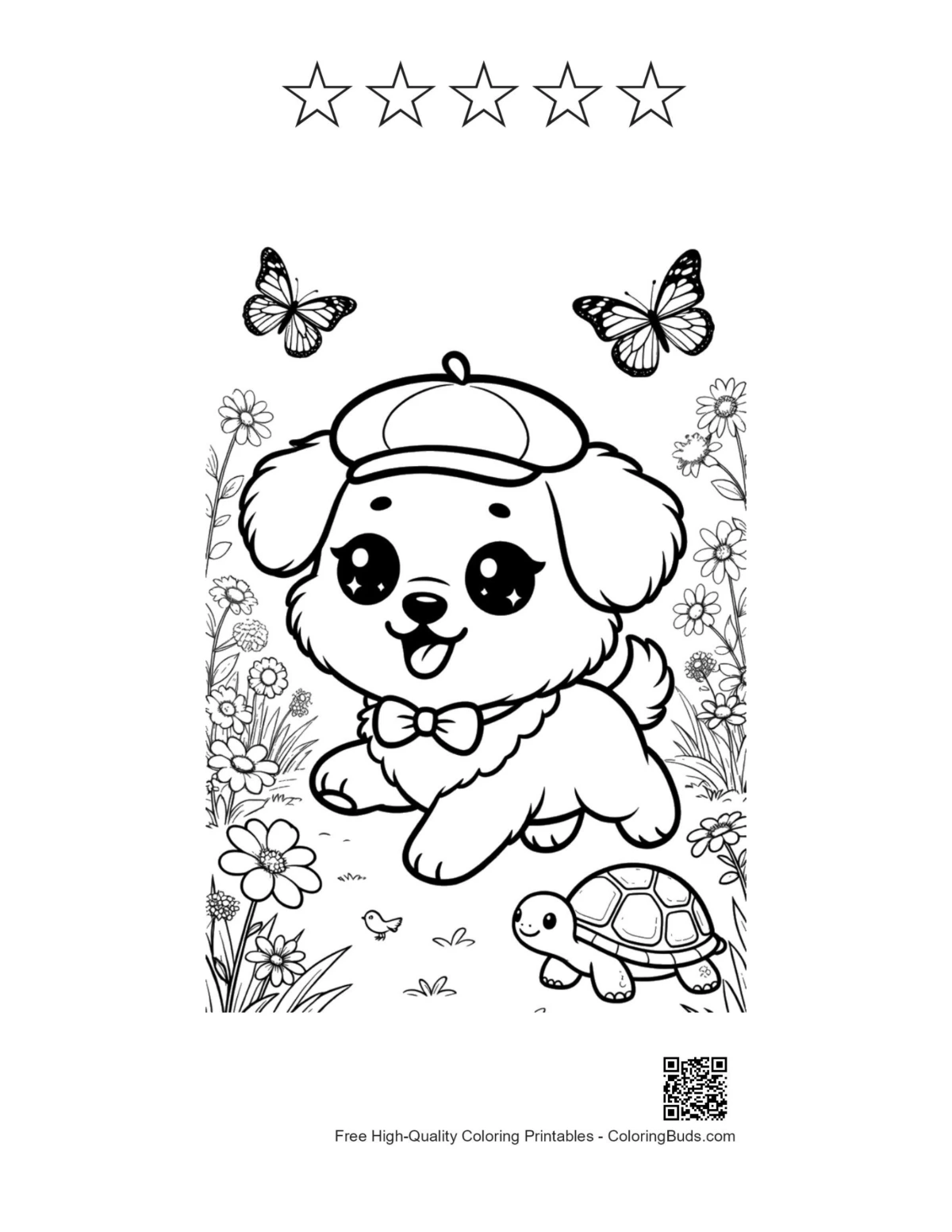 Happy puppy hat meadow with 5 stars outline printable