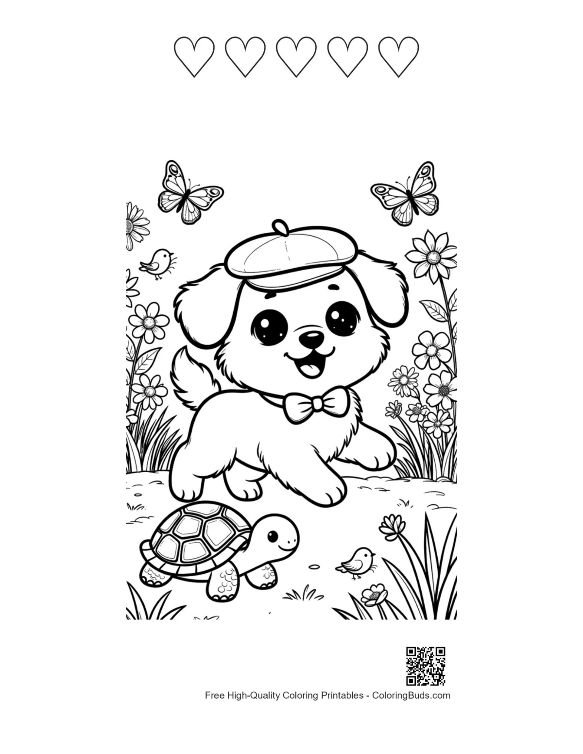 Small dog cap turtle with 5 heart outline coloring