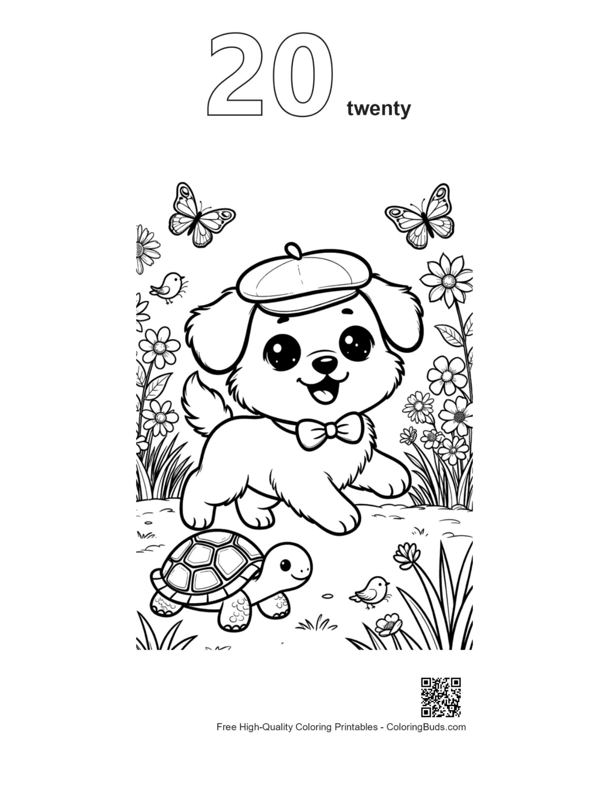 Small dog cap turtle outline number 20 coloring page