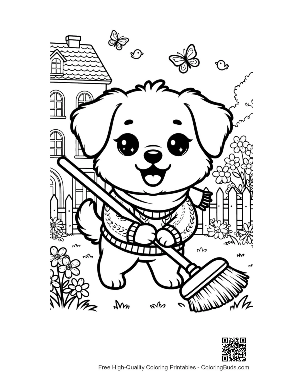 Cute dog holding broom in autumn garden printable