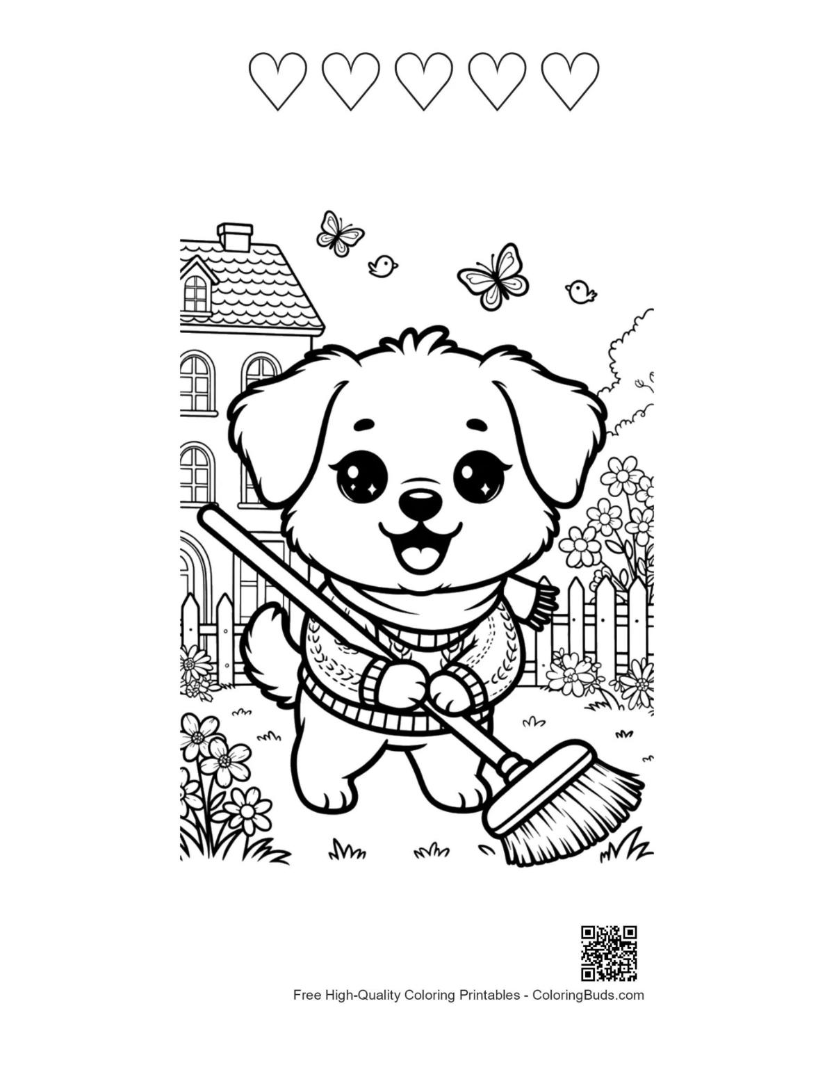 Autumn sweet dog printable with 5 heart outlines coloring