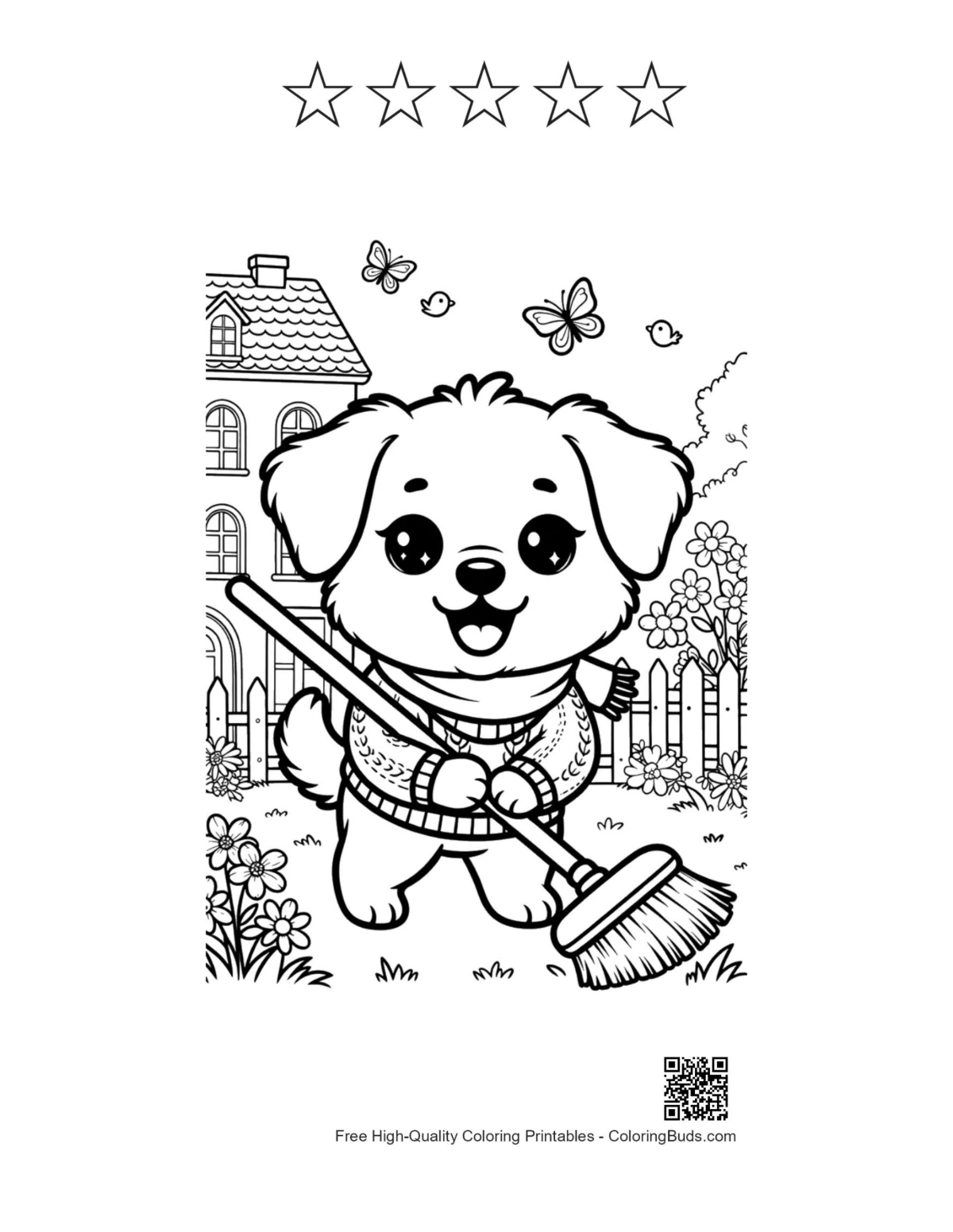 Cute Dogs coloring page dog broom with 5 stars outline