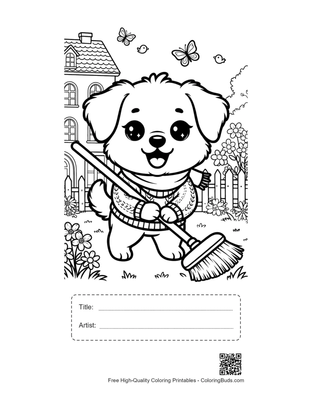 Cute dog broom autumn garden printable with title box