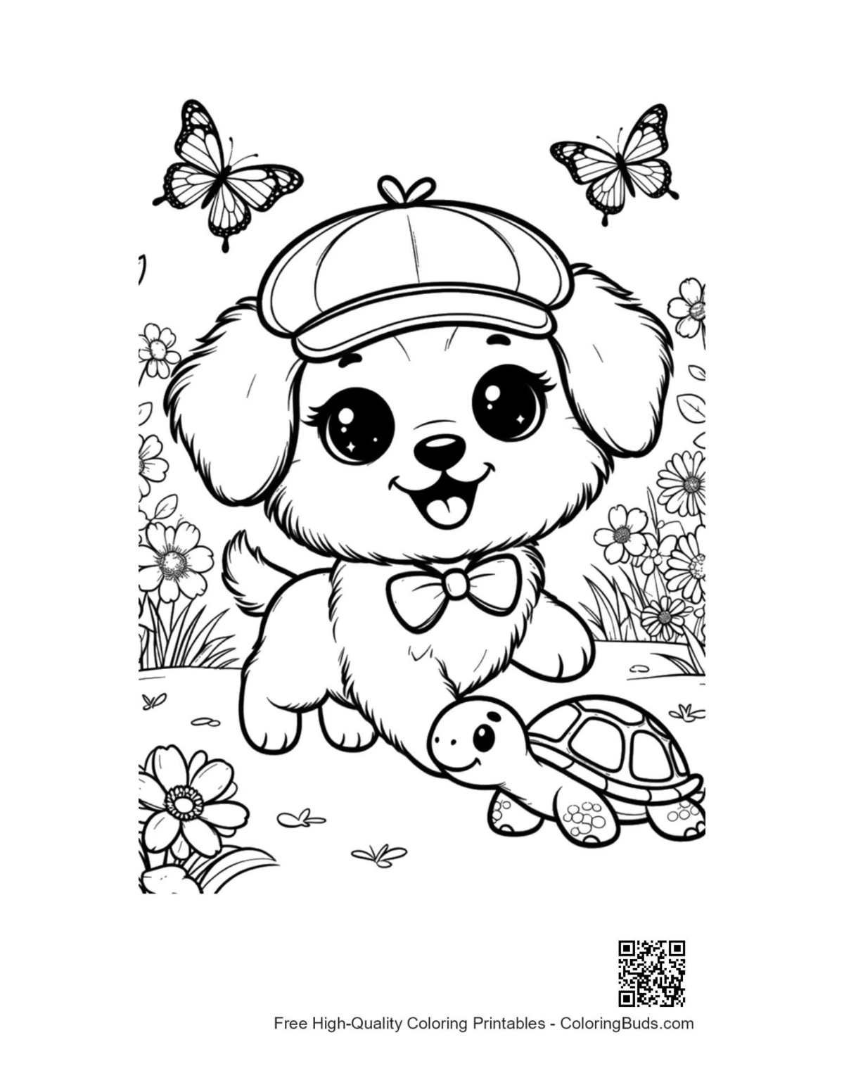 Cute puppy in hat meeting turtle coloring page