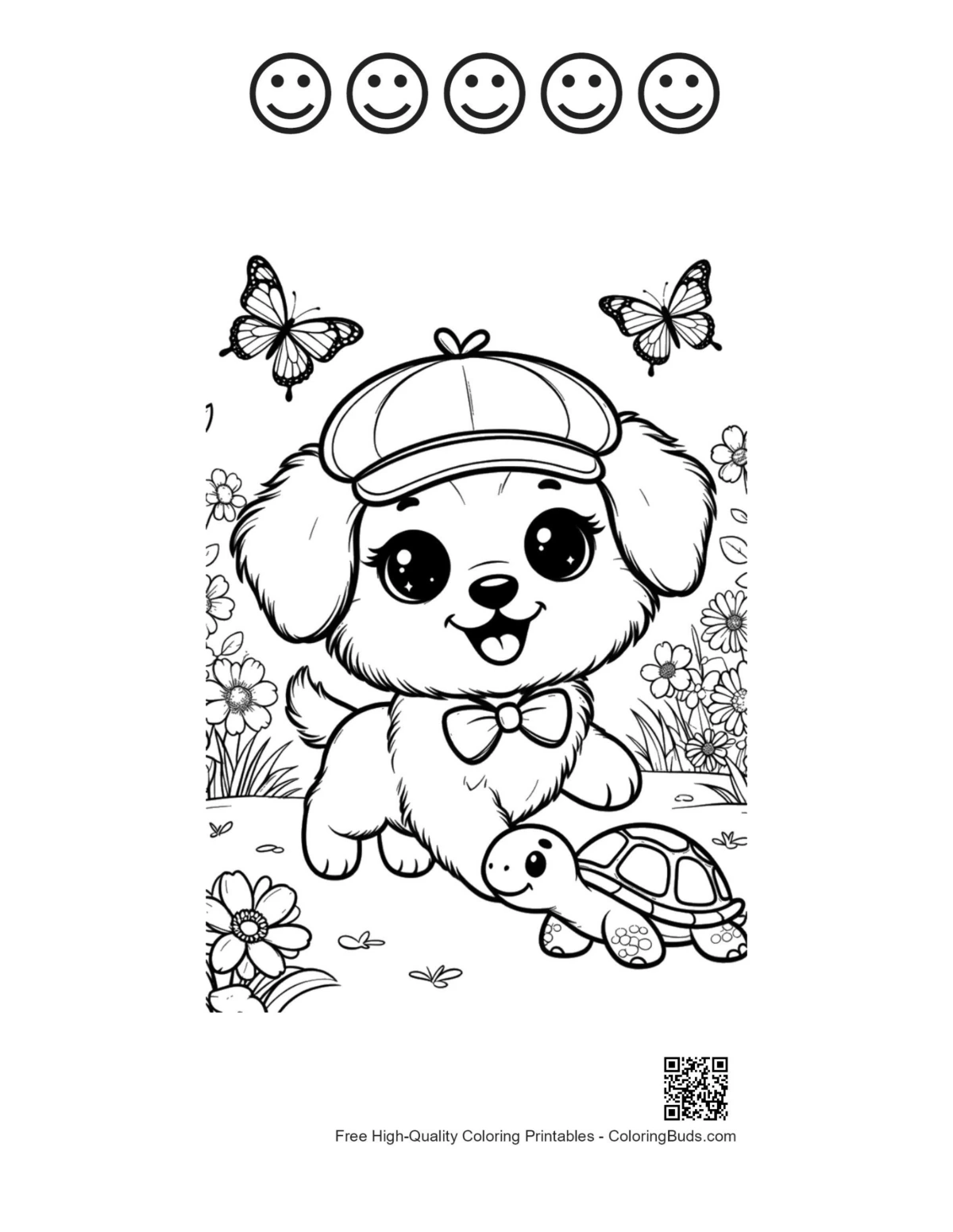 Cute puppy turtle 5 happy faces coloring sheet