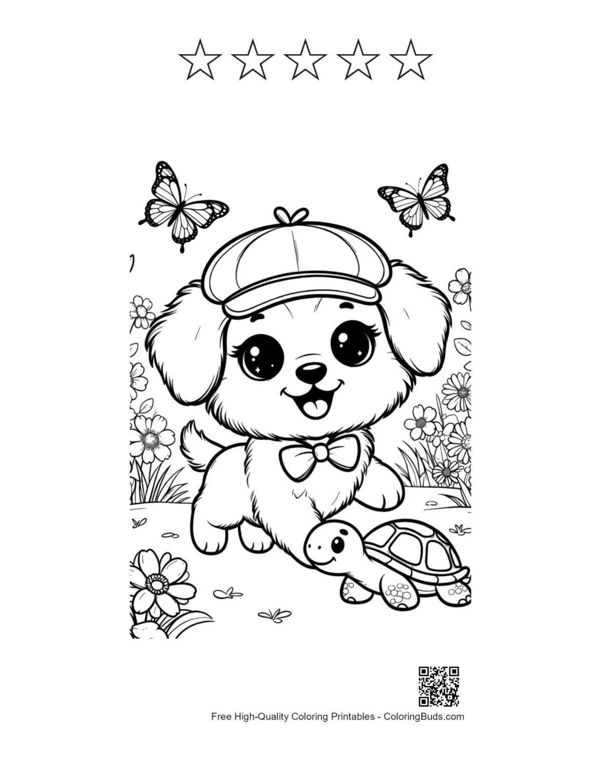 Puppy turtle with 5 stars outline printable