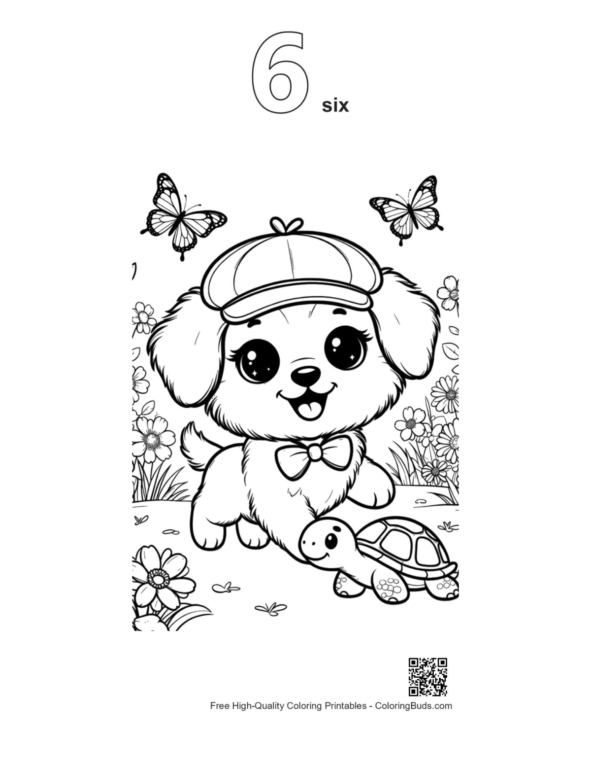 Puppy turtle outline number 6 coloring page